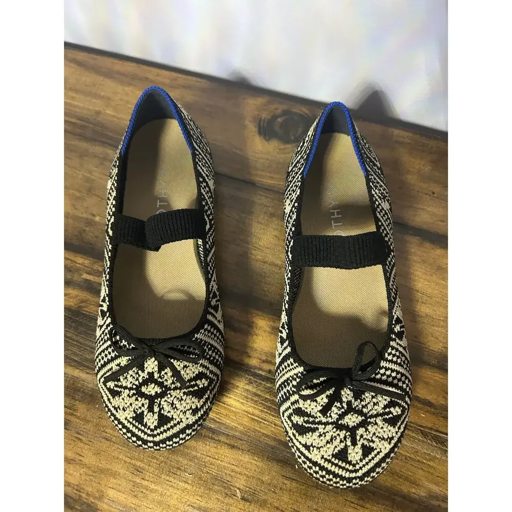 Rothy's Kids Sz 4 Bow Mary Jane Black & Cream Mosaic Pattern Back to School